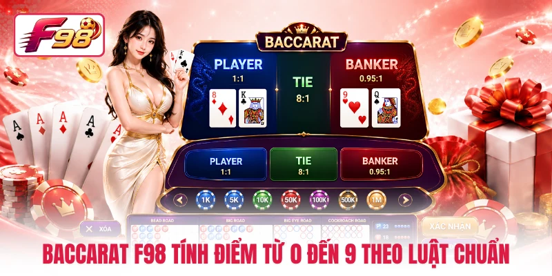 Baccarat F98 tính điểm từ 0 đến 9 theo luật chuẩn